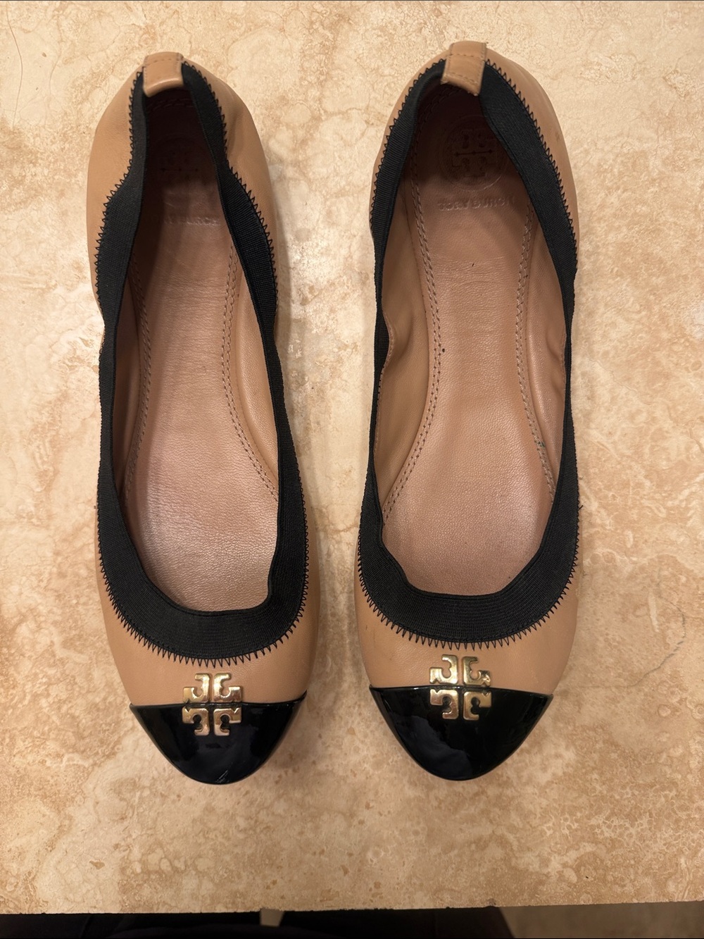 Tory Burch Tan Leather Ballet Flats with Black Patent Cap Toe size 9